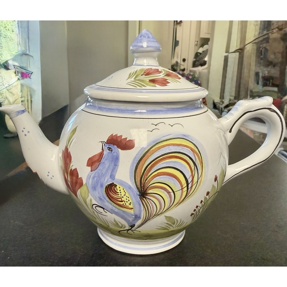 Henriot Quimper France Hand Painted Rooster Floral Large Teapot C2000 Vtg Unused